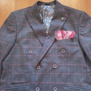 Stacy Adams Charcoal Blazer with Pink Plaid Size 42R Lined Jacket